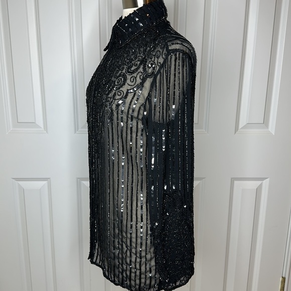 JKara Black Beaded Sequin Button Down Blouse - Picture 5 of 15